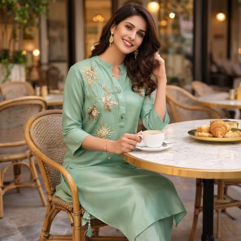 Puja Shimmer Floral Embroidered Kurta Set | Satin Silver Hand Embroidery | Mehandi Green & Mustard