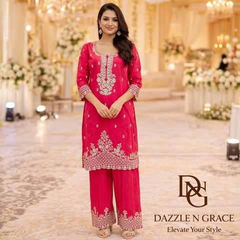 Puja Hot Pink Heavy Embroidered Kurti with Pants Set | White Thread Festive Coord