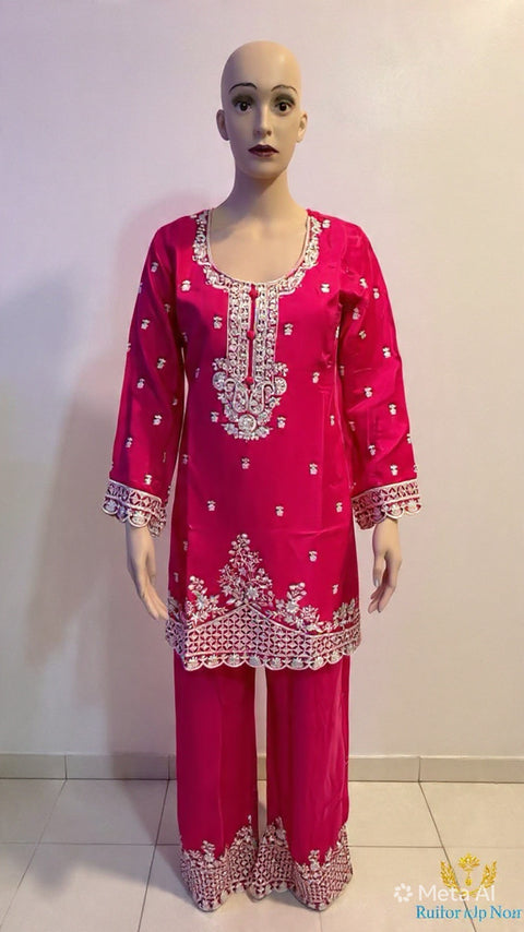 Puja Hot Pink Heavy Embroidered Kurti with Pants Set | White Thread Festive Coord