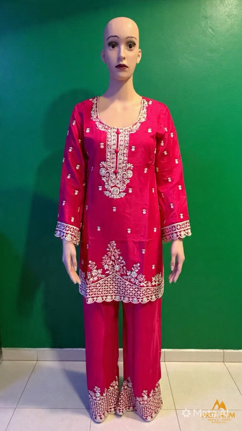 Puja Hot Pink Heavy Embroidered Kurti with Pants Set | White Thread Festive Coord