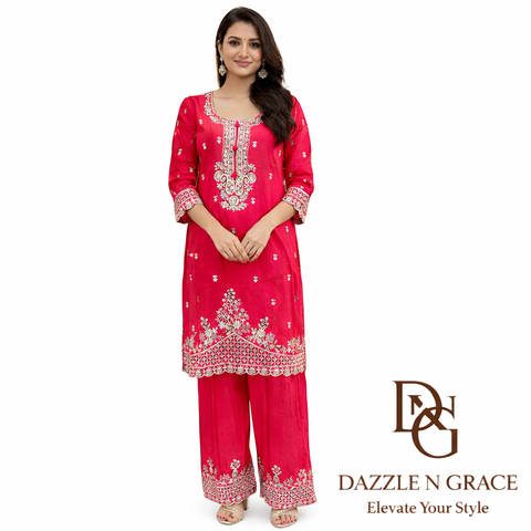 Puja Hot Pink Heavy Embroidered Kurti with Pants Set | White Thread Festive Coord