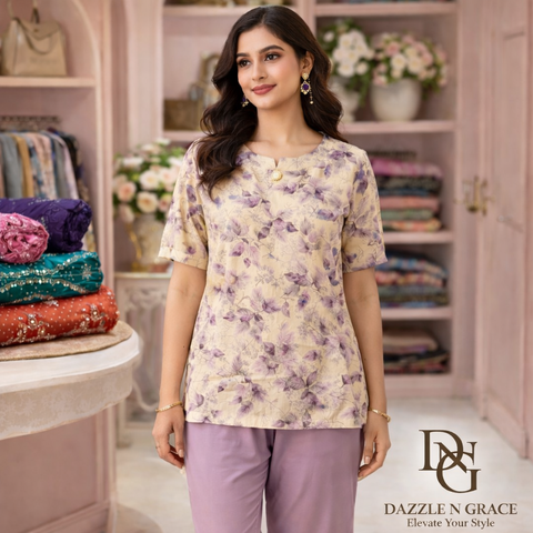 Thailand Floral Printed Rayon Top — Pearl Tassel Neckline & 3/4 Button Sleeves