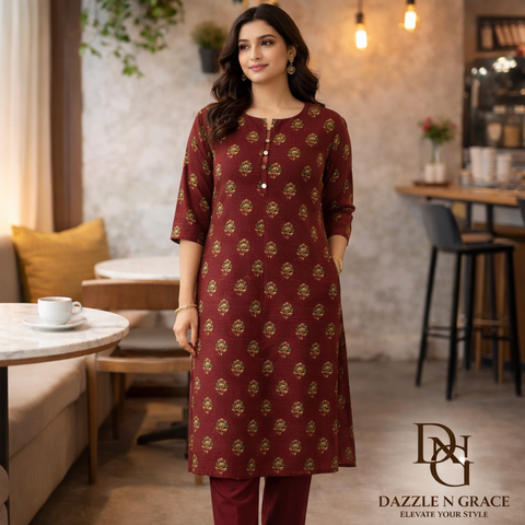 Handblock Printed Cotton Straight Kurti Maroon Floral Motif