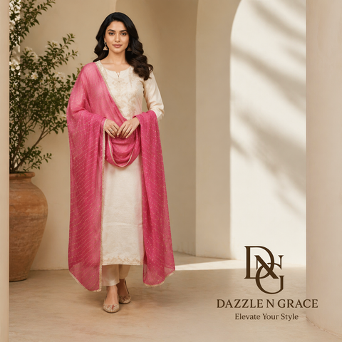 Ivory Embroidered Straight-Cut Kurta Set with Pink Bandhani Dupatta | Festive Ethnic Wear
