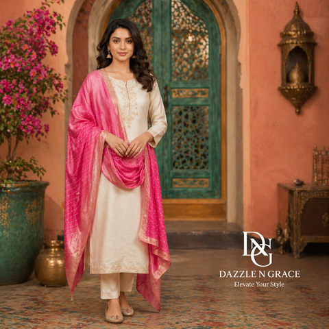 Ivory Embroidered Straight-Cut Kurta Set with Pink Bandhani Dupatta | Festive Ethnic Wear