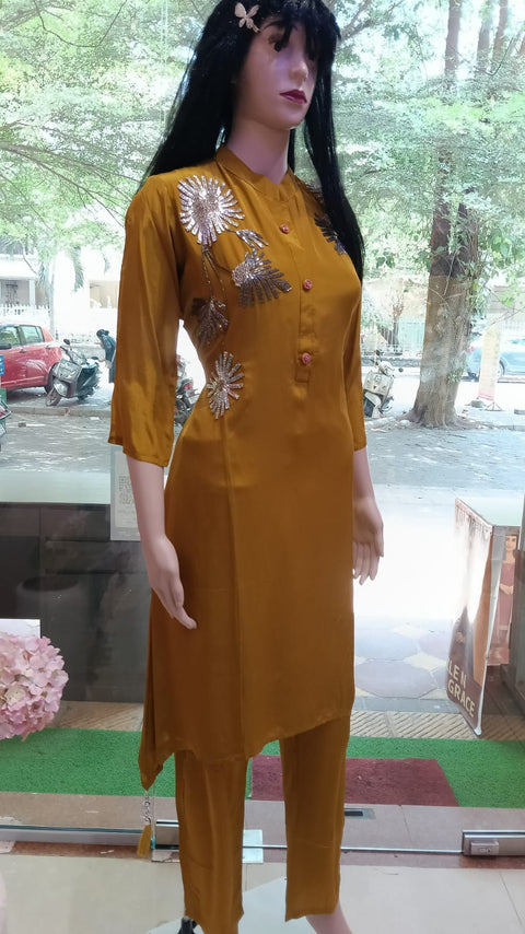 Puja Shimmer Floral Embroidered Kurta Set | Satin Silver Hand Embroidery | Mehandi Green & Mustard