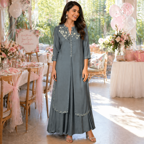 Misty Grey Embroidered Layered Gown Set | Scalloped Floral Ethnic Wear | Wedding Gown