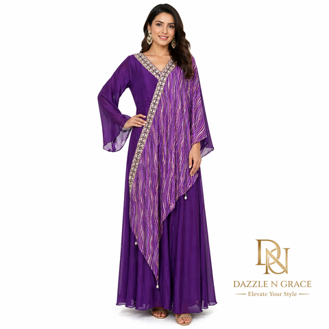 Royal Purple Asymmetric Kaftan Gown | Zari Sequin V-Neck | Festive Ethnic Wear
