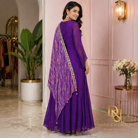 Royal Purple Asymmetric Kaftan Gown | Zari Sequin V-Neck | Festive Ethnic Wear