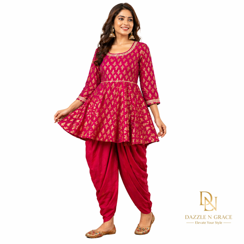 Magenta & Gold Block Print Garba Tunic with Dhoti — Festive Navratri Set