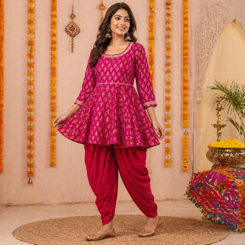 Magenta & Gold Block Print Garba Tunic with Dhoti — Festive Navratri Set