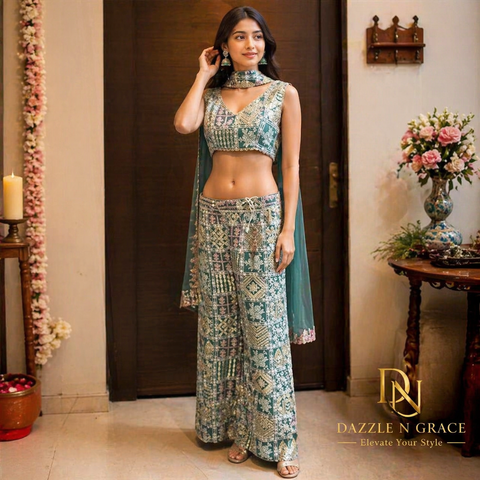 Toral Teal Green Printed Crop Top with Wide-Leg Pants & Dupatta | Ethnic Block Print Scallop | Festive Party