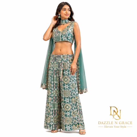 Toral Teal Green Printed Crop Top with Wide-Leg Pants & Dupatta | Ethnic Block Print Scallop | Festive Party