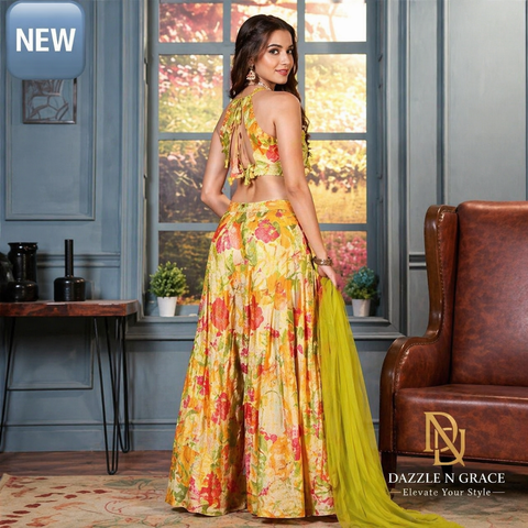 Toral Designer Printed Crop Top with Palazzo | Lemon Yellow Multicolour Floral Pom-Pom | Party Resort