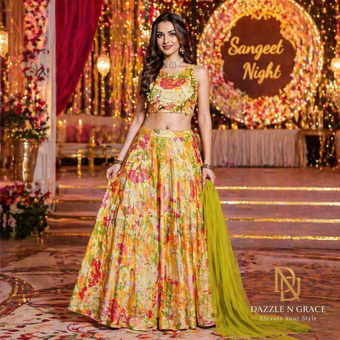Toral Designer Printed Crop Top with Palazzo | Lemon Yellow Multicolour Floral Pom-Pom | Party Resort
