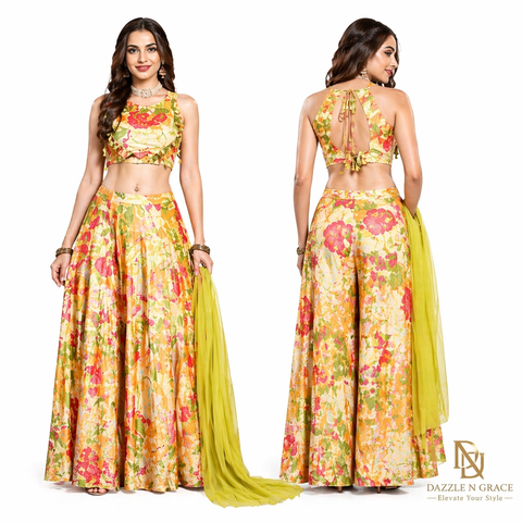 Toral Designer Printed Crop Top with Palazzo | Lemon Yellow Multicolour Floral Pom-Pom | Party Resort