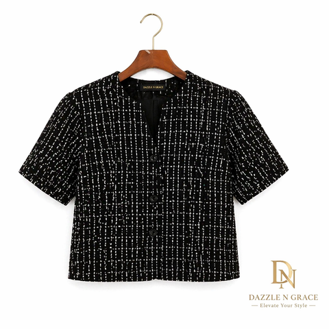 Checked Pattern Button Top — Classic Black & White Smart-Casual Wear