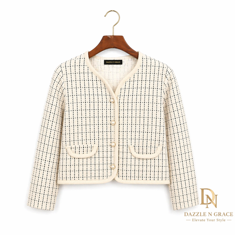 Checked Pattern Button Top — Classic Black & White Smart-Casual Wear