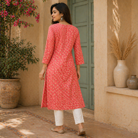 Coral Pink Floral Block Print Cotton Straight Kurta | Casual Daily Ethnic Wear for Women
