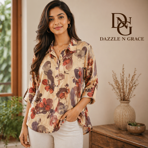 Collared Printed Rayon Top — Floral & Geometric Prints with Button Placket