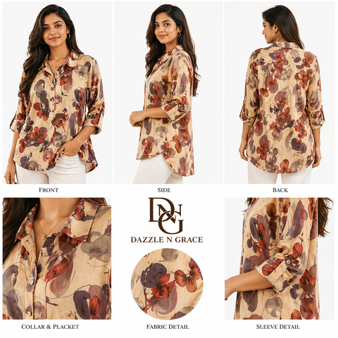 Collared Printed Rayon Top — Floral & Geometric Prints with Button Placket