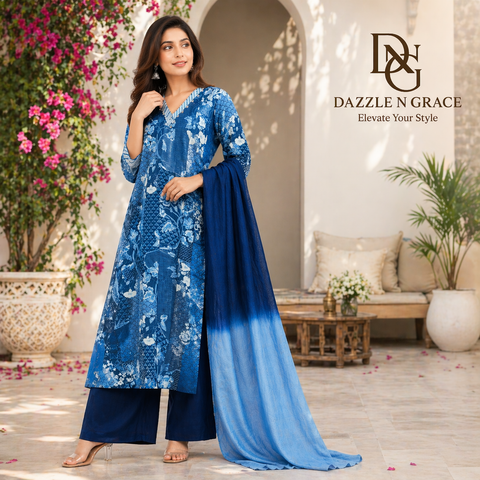 Indigo Blue Ethnic Printed Salwar Suit with Dupatta | Casual Festive Ethnic Wear for Women