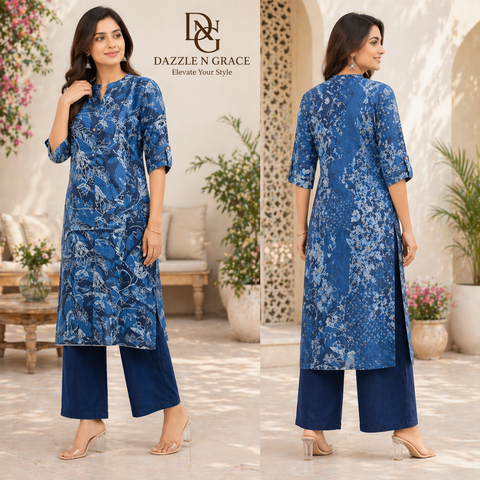 Indigo Floral Printed Coord Set | Shirt-Style Button Front | Casual Travel Daywear