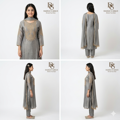 Elegant Grey Embroidered Salwar Suit Set with Dupatta | Refined Festive Ethnic Wear for Women