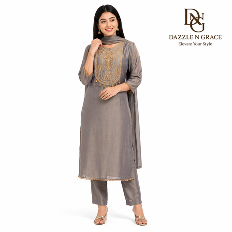 Elegant Grey Embroidered Salwar Suit Set with Dupatta | Refined Festive Ethnic Wear for Women
