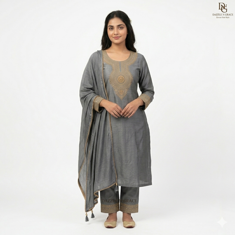 Elegant Grey Embroidered Salwar Suit Set with Dupatta | Refined Festive Ethnic Wear for Women
