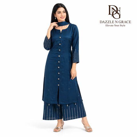 Royal Blue Shimmer Kurta Palazzo Set with Decorative Buttons & Embellished Hem | Festive Ethnic Wear