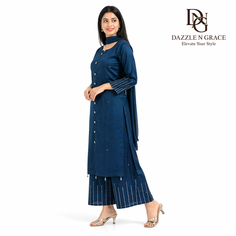 Royal Blue Shimmer Kurta Palazzo Set with Decorative Buttons & Embellished Hem | Festive Ethnic Wear