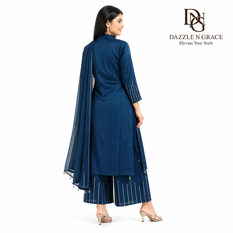 Royal Blue Shimmer Kurta Palazzo Set with Decorative Buttons & Embellished Hem | Festive Ethnic Wear