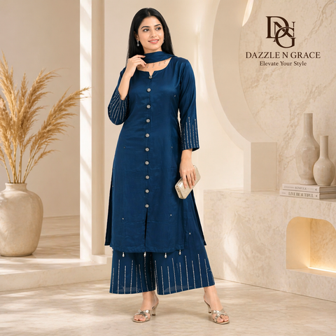 Royal Blue Shimmer Kurta Palazzo Set with Decorative Buttons & Embellished Hem | Festive Ethnic Wear
