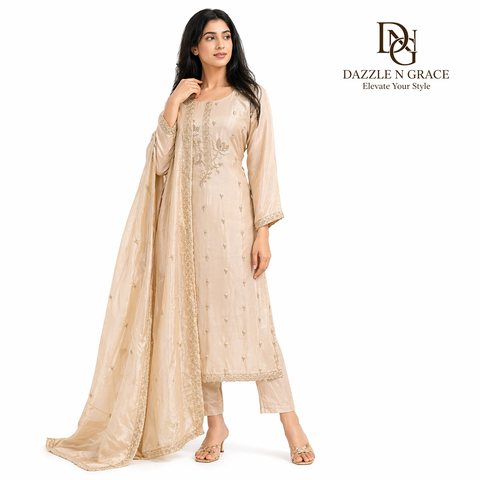 Ivory Silver Shimmer Floral Hand-Embroidered 3-Piece Suit Set | Festive Wedding Ethnic Wear