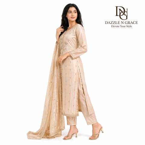 Ivory Silver Shimmer Floral Hand-Embroidered 3-Piece Suit Set | Festive Wedding Ethnic Wear