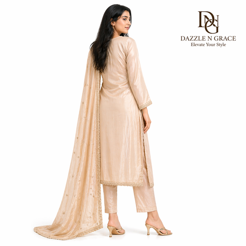 Ivory Silver Shimmer Floral Hand-Embroidered 3-Piece Suit Set | Festive Wedding Ethnic Wear