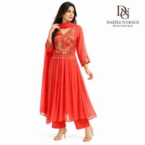 Peach Blossom Floral Embroidered Salwar Suit with Pearl Beadwork & Dupatta | Festive Ethnic Wear