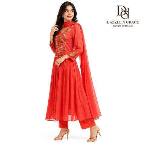 Peach Blossom Floral Embroidered Salwar Suit with Pearl Beadwork & Dupatta | Festive Ethnic Wear
