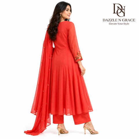Peach Blossom Floral Embroidered Salwar Suit with Pearl Beadwork & Dupatta | Festive Ethnic Wear