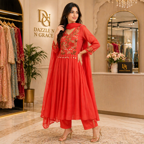 Peach Blossom Floral Embroidered Salwar Suit with Pearl Beadwork & Dupatta | Festive Ethnic Wear