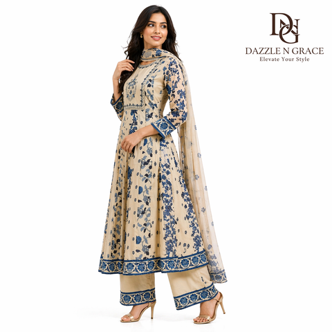 White & Blue Floral Block Print Anarkali Suit Set with Embroidered Neckline & Dupatta | Festive Ethnic Wear