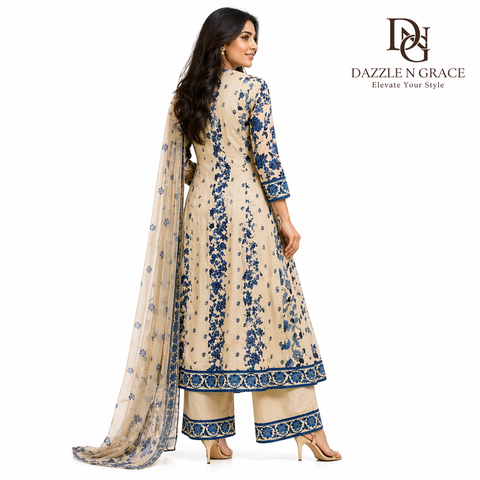 White & Blue Floral Block Print Anarkali Suit Set with Embroidered Neckline & Dupatta | Festive Ethnic Wear