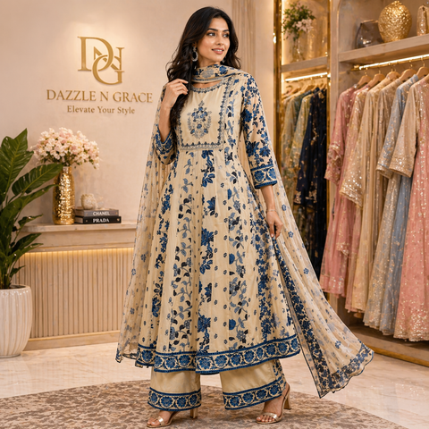 White & Blue Floral Block Print Anarkali Suit Set with Embroidered Neckline & Dupatta | Festive Ethnic Wear