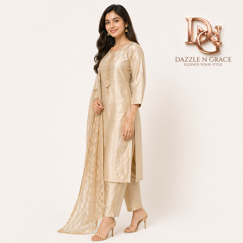 Platinum Silver Shimmer Pearl-Trim 3-Piece Suit Set | Kurta, Straight Pants & Striped Dupatta | Festive Wear