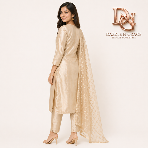 Platinum Silver Shimmer Pearl-Trim 3-Piece Suit Set | Kurta, Straight Pants & Striped Dupatta | Festive Wear