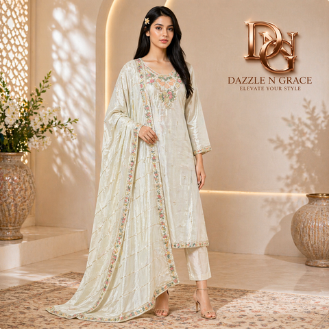 Ivory Bloom Floral Embroidered Salwar Suit with Dupatta | Elegant Festive Ethnic Wear