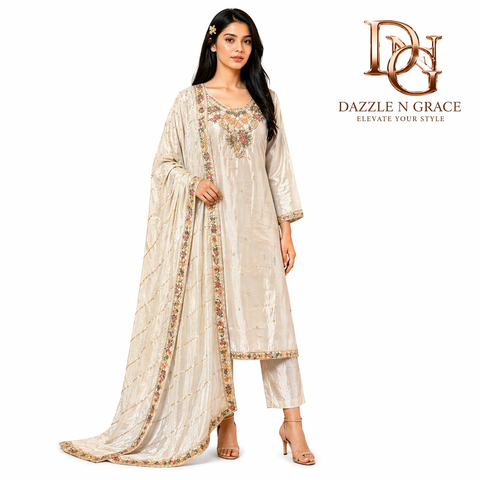 Ivory Bloom Floral Embroidered Salwar Suit with Dupatta | Elegant Festive Ethnic Wear