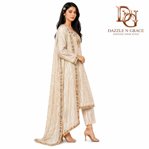 Ivory Bloom Floral Embroidered Salwar Suit with Dupatta | Elegant Festive Ethnic Wear