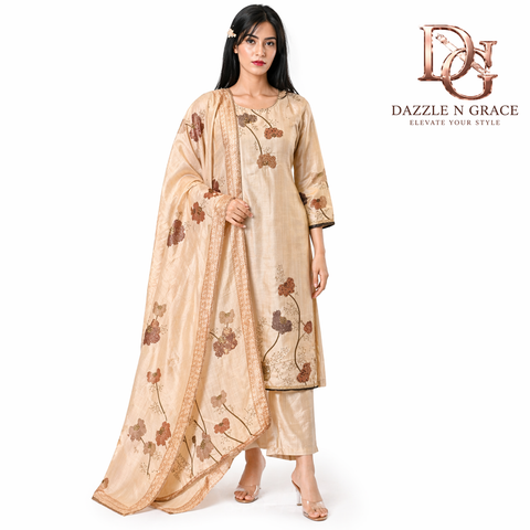 Cream Embroidered Kurta with Beadwork, Thread Work, Pant & Dupatta Set | Semi-Formal Ethnic Wear